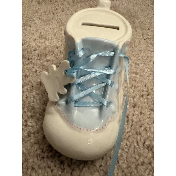 Ceramic Baby Shoe Coin Bank NEW With Blue Lace Baptism Christening Birth Gift - Picture 7 of 9